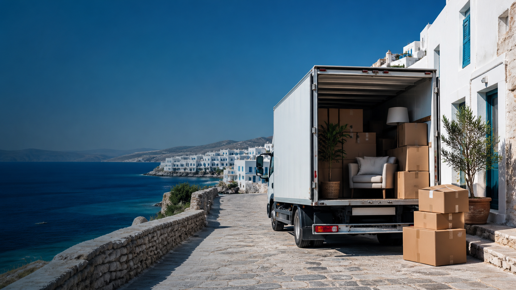 A moving van on a residential street, representing a new start in Greece.