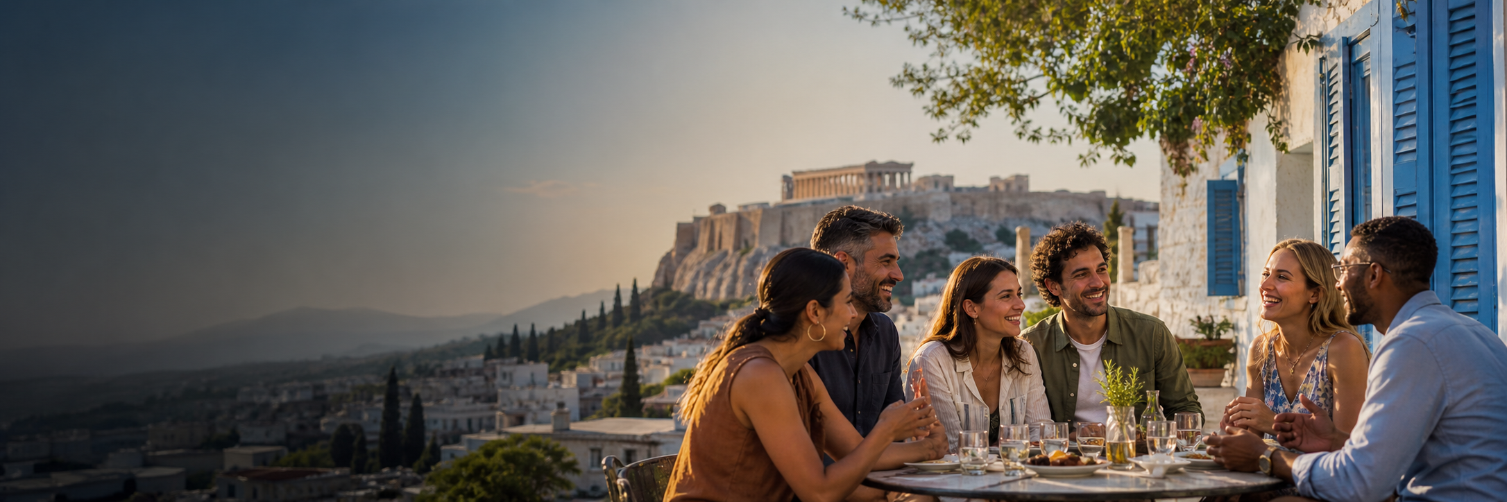 Friends sharing a meal on an Athens terrace with the Acropolis behind them.